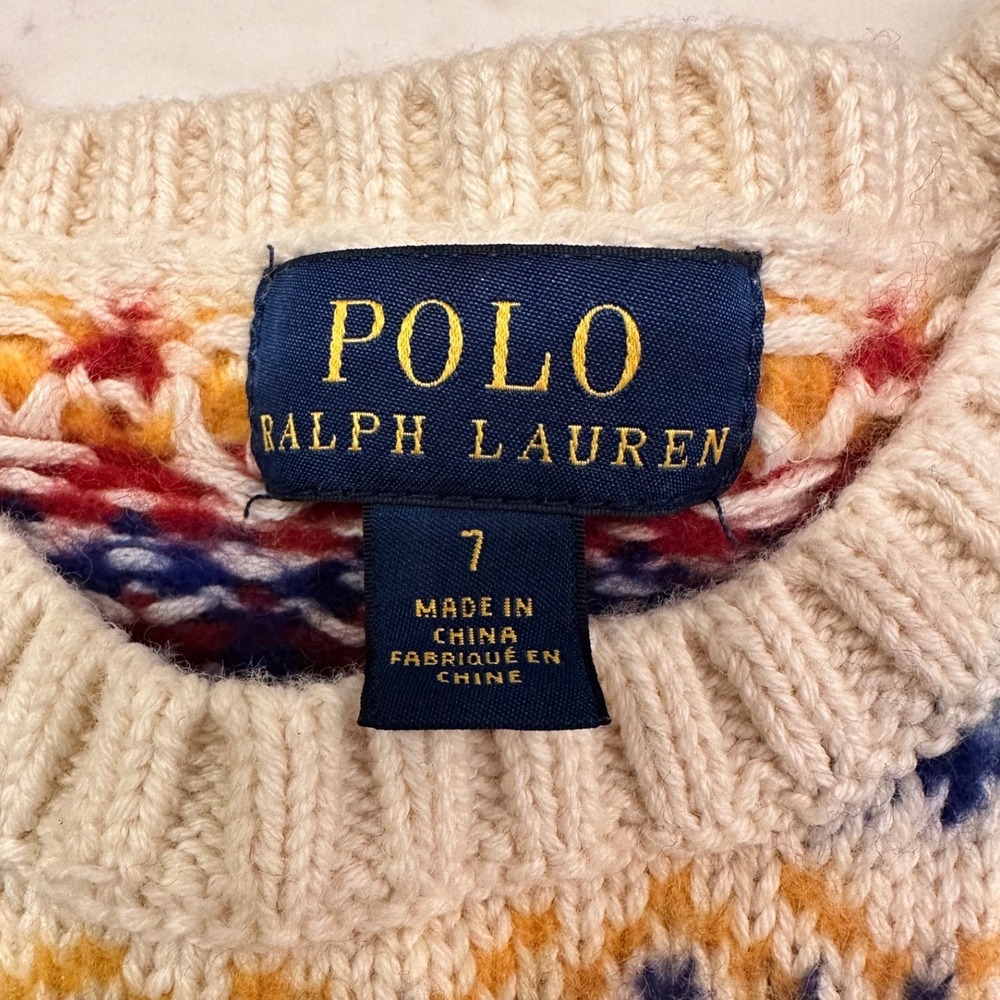 Polo Ralph Lauren Boys Ivory Fair Isle Crewneck Sweater 7 Cotton Wool Ski READ - Picture 5 of 9